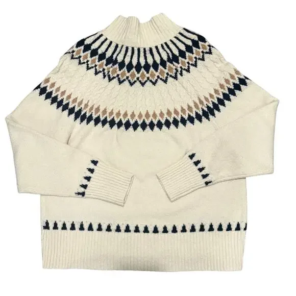 Artelier Nicole Miller Fair Isle Mock Neck Sweater Cream Black Nordic Large Soft - Picture 1 of 7
